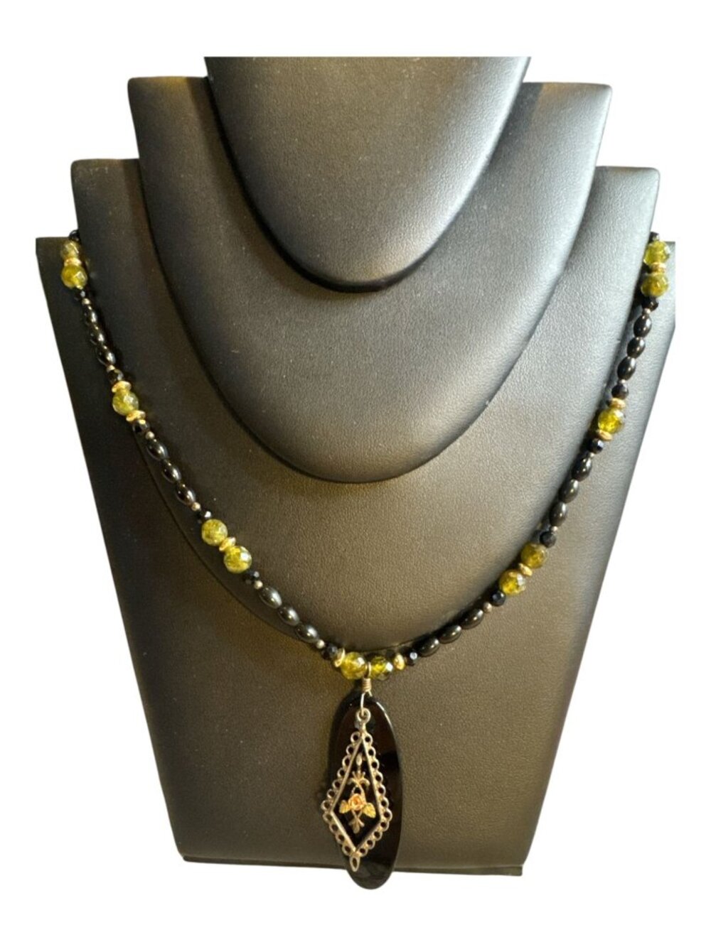 Black & Green Beaded Necklace With Oval Pendant & Rose Detail